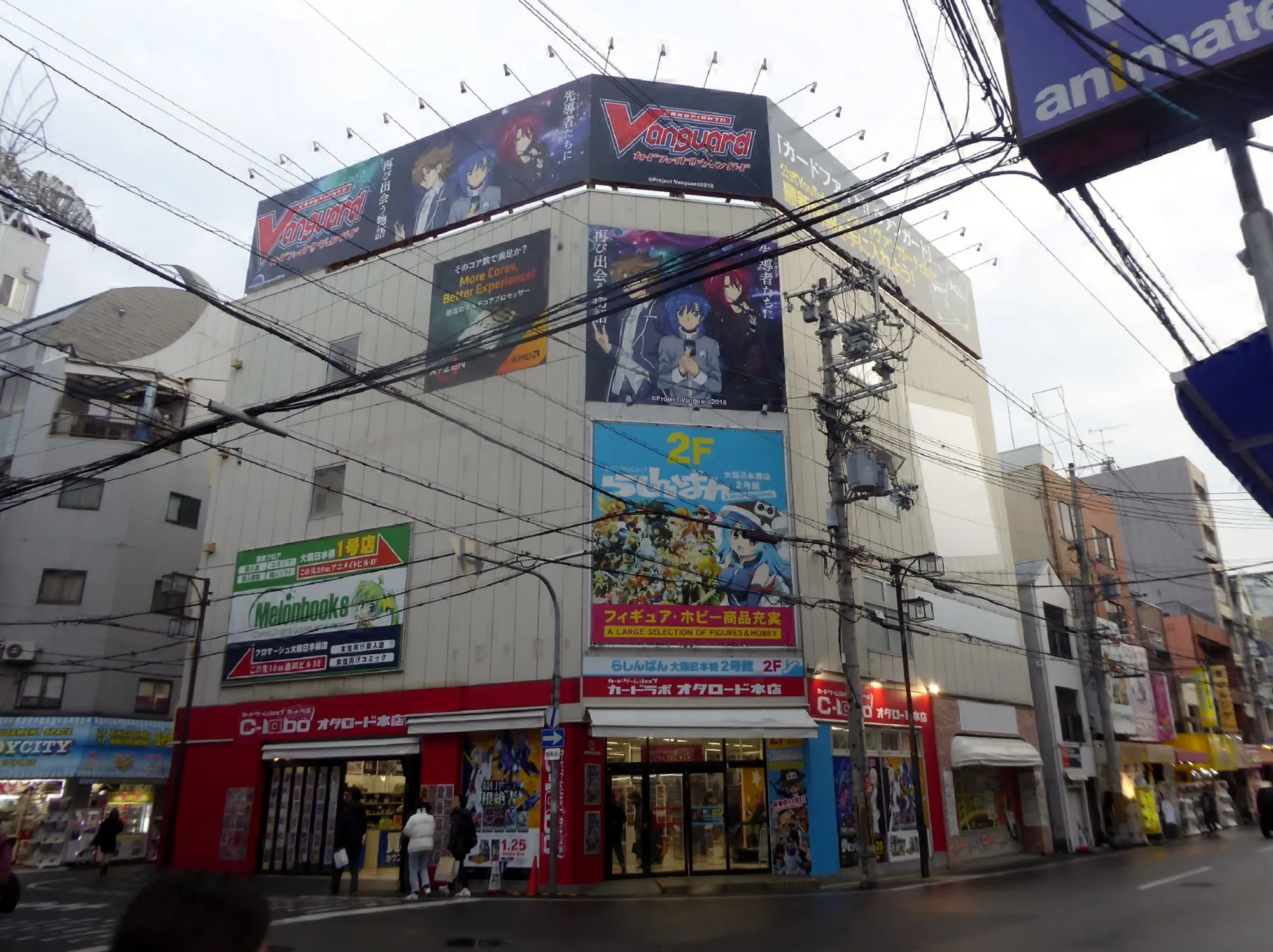 A building covered in anime billboards on Ota Road, Den Den Town